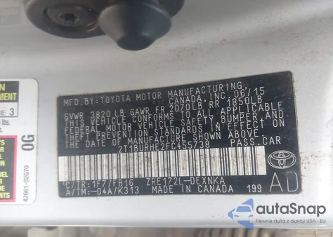 2015 Toyota Corolla Le из США, поврежденный, VIN 2T1BURHE2FC455738